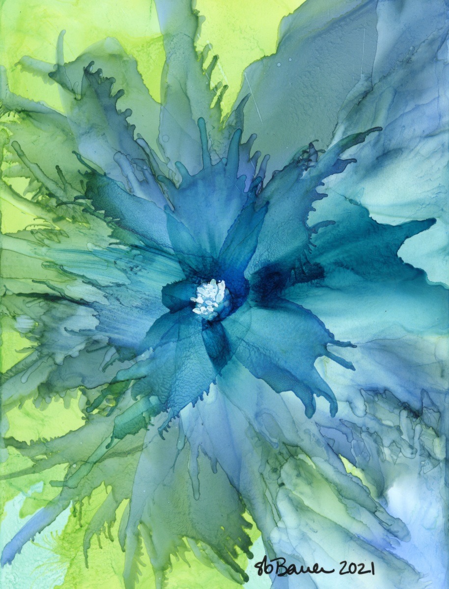 Vibrant abstract artwork featuring a blue flower with fluid shapes and details against a bright green background, created in 2021.